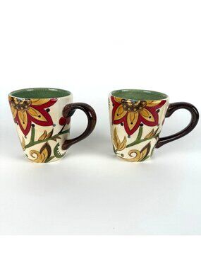 Pier 1 Imports Carynthum Hand-Painted Earthenware Set 2 Mugs Floral Coffee Tea